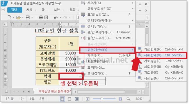 한컴오피스 한글 블록계산식 합계 평균값 구하기 및 소수점 설정 방법 3초 끝내기 2 한글 블록계산식